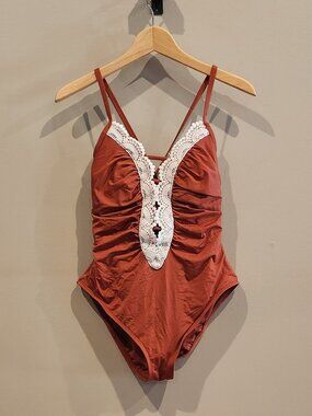 Time & Tru Rust Orange Ruched Lace One Piece Swimsuit Women's M